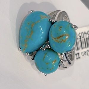 Gorgeous Golden Kingman Turquoise Canochons Mixed Shape Cluster Ring, Sterling